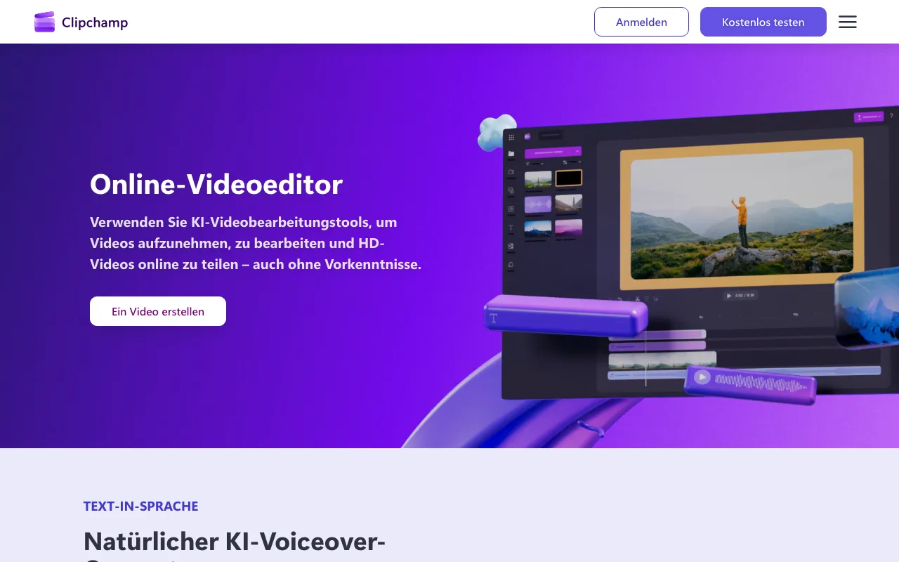 Page d'accueil de Clipchamp le 2026-09-19