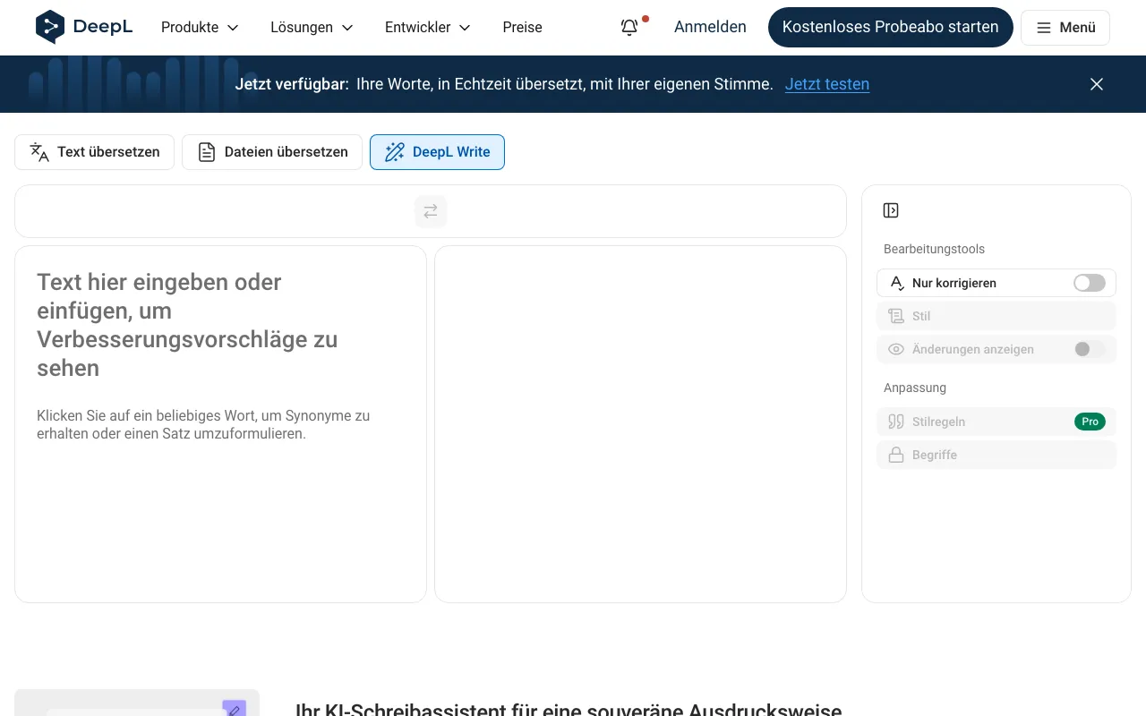 Page d'accueil de DeepL Write le 2026-09-19