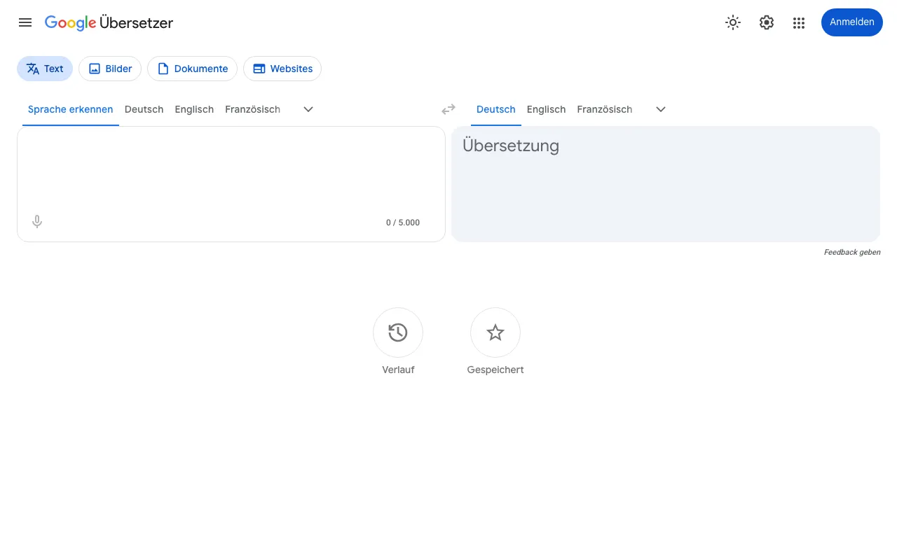 Page d'accueil de Google Uebersetzer le 2026-09-19