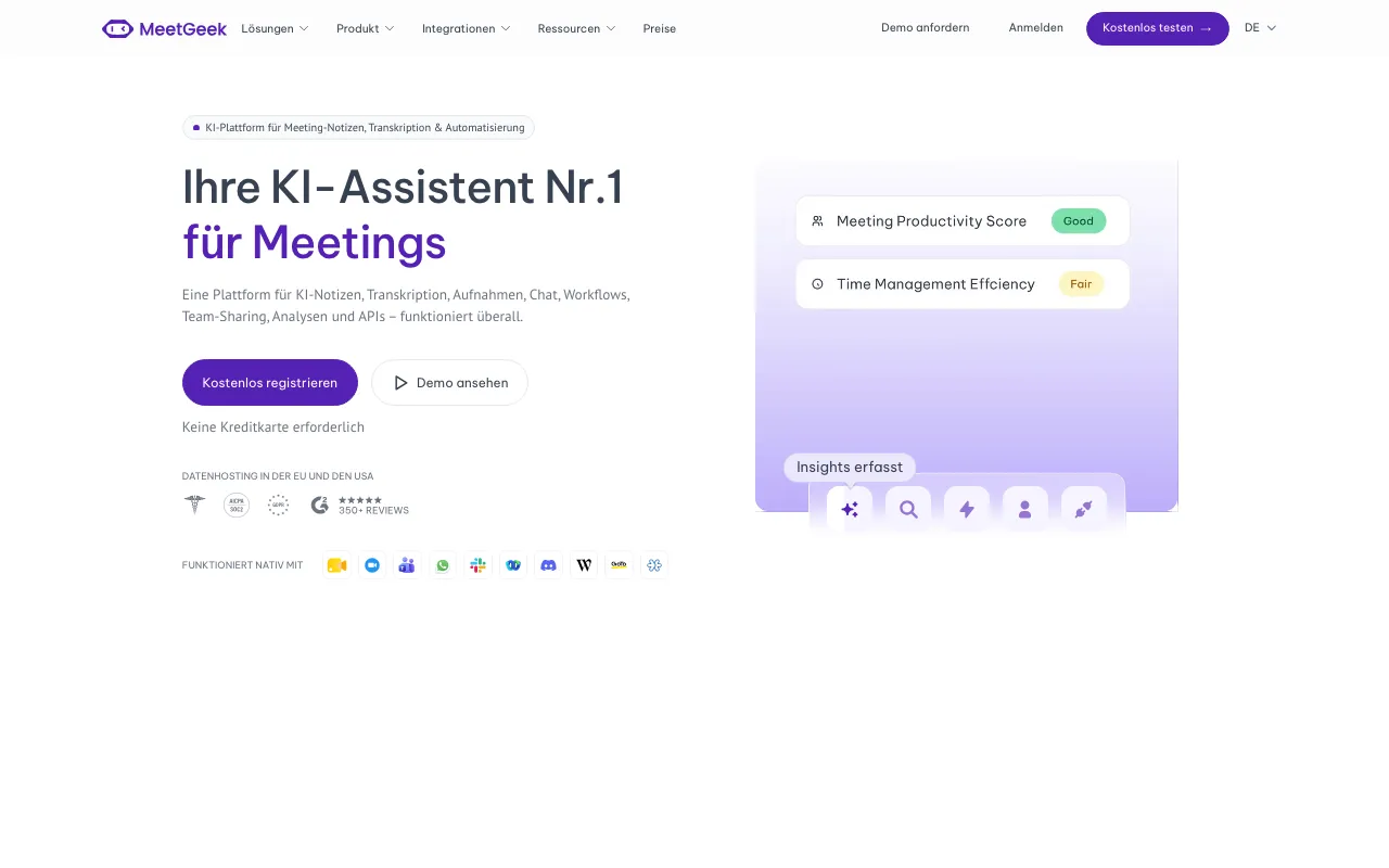 Page d'accueil de MeetGeek le 2026-09-19