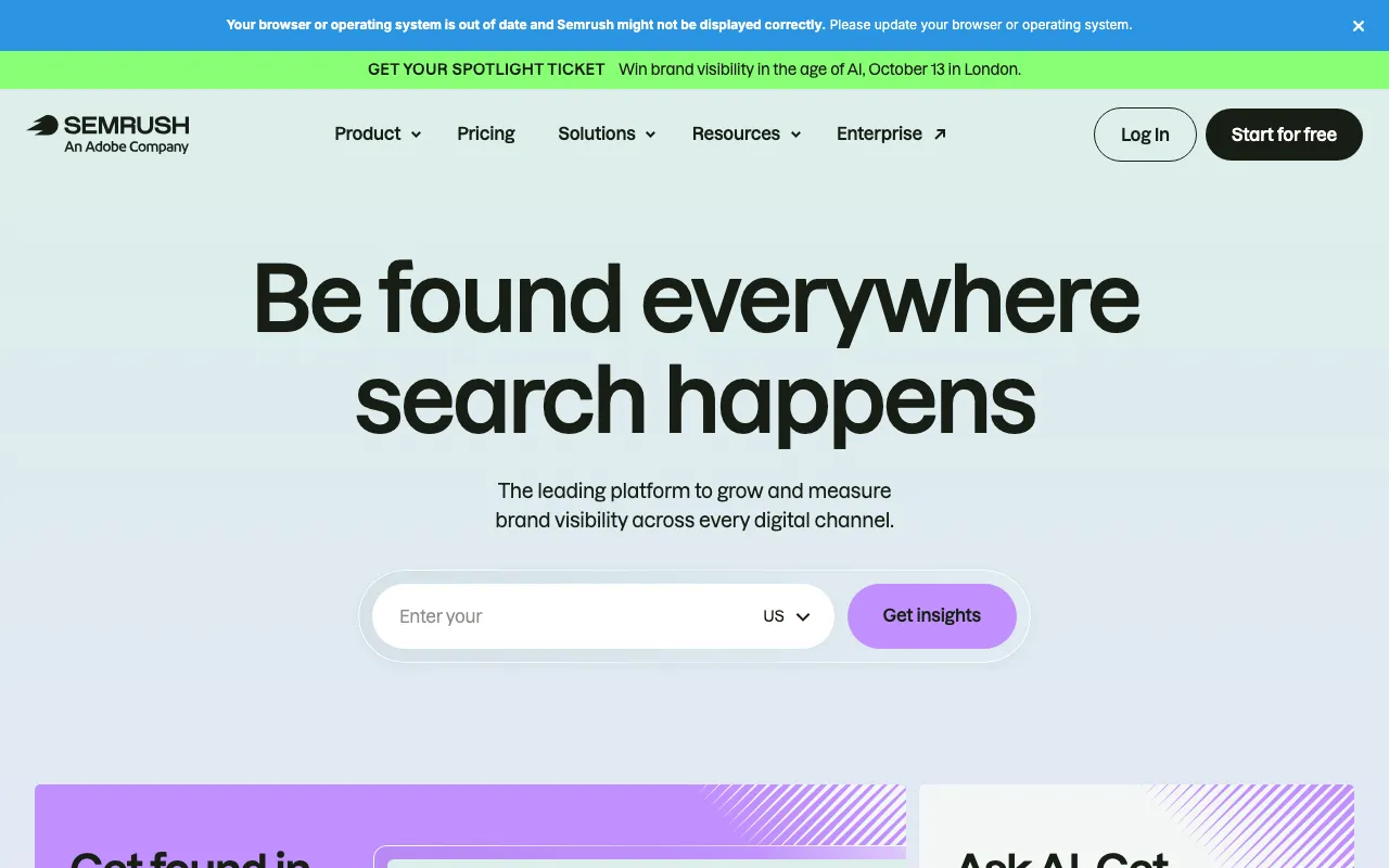Page d'accueil de Semrush le 2026-09-19