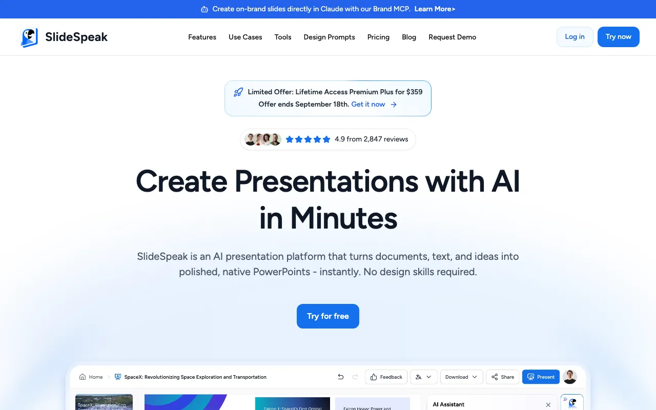 Page d'accueil de SlideSpeak le 2026-09-19