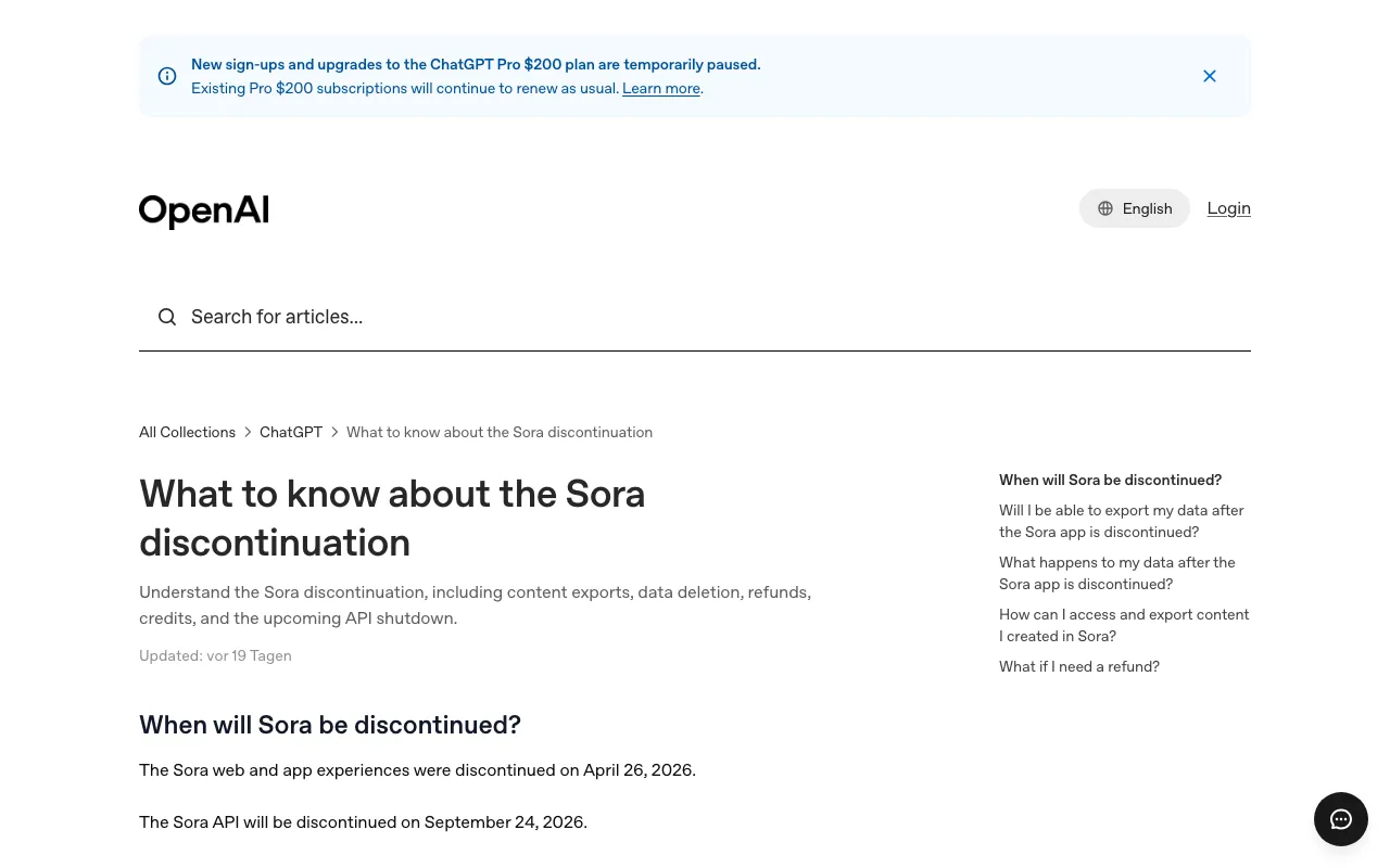 Page d'accueil de Sora le 2026-09-19