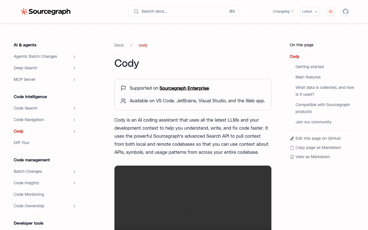 Page d'accueil de Sourcegraph Cody le 2026-09-19