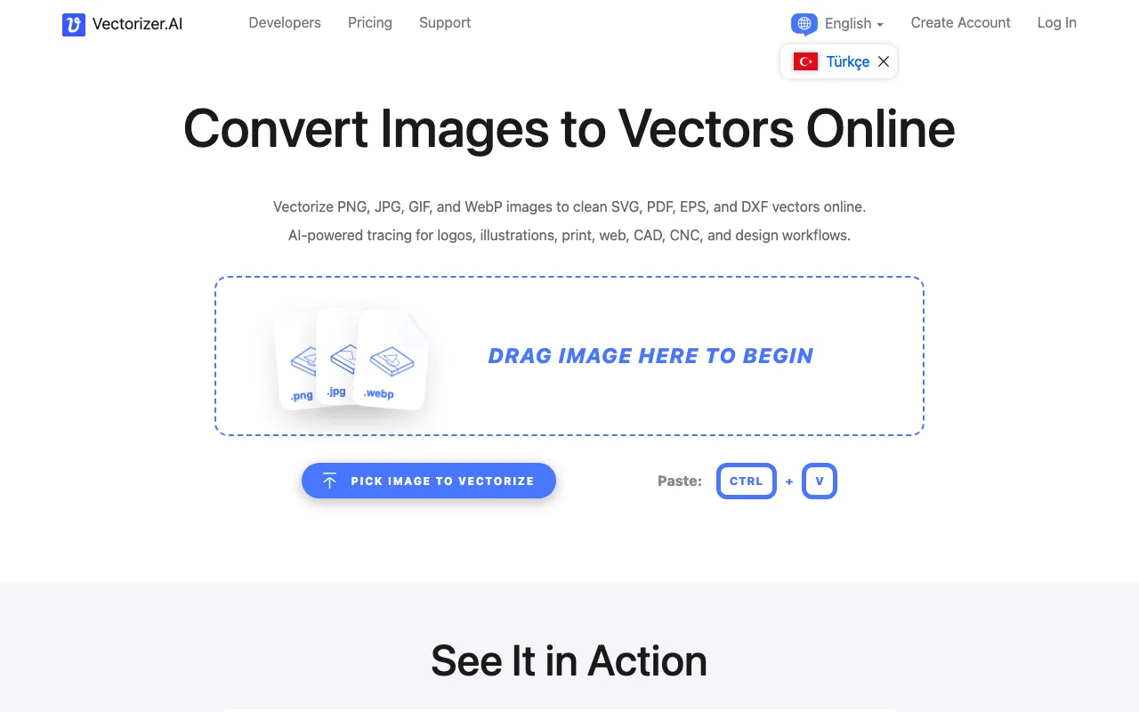 Page d'accueil de Vectorizer.AI le 2026-09-19