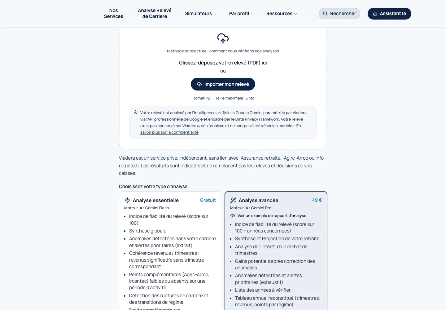 Écran de dépôt du relevé de carrière (RIS), avant tout envoi de document. Aucun relevé personnel n’est affiché.