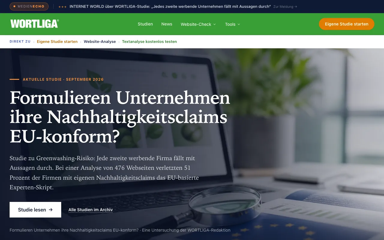 Page d'accueil de WORTLIGA Textanalyse le 2026-09-19
