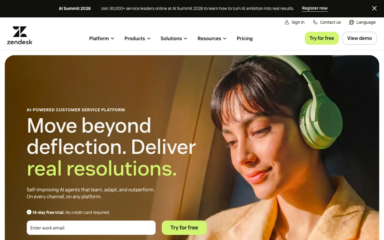 Page d'accueil de Zendesk AI le 2026-09-19